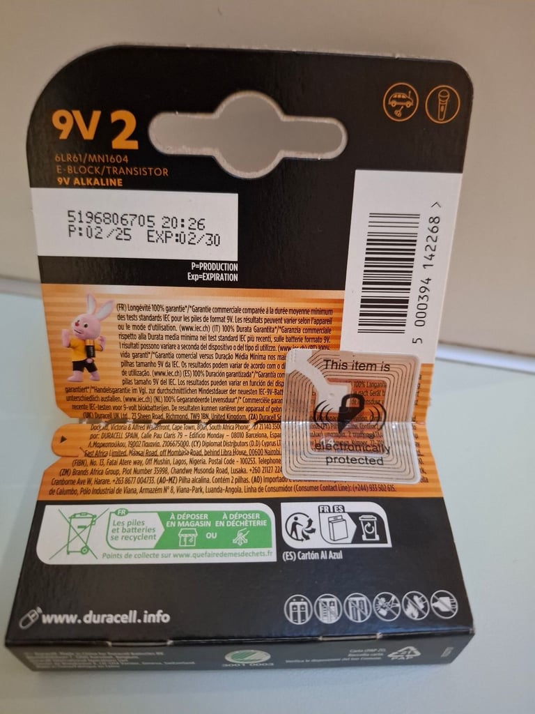 One 9V Duracell Plus battery  - new.