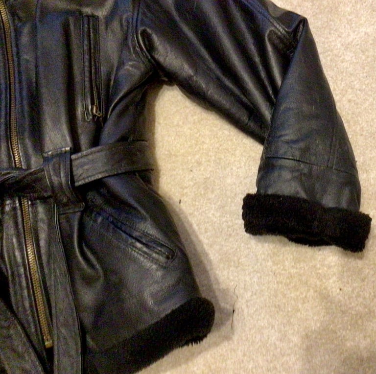 Black leather Ladies coat with hood