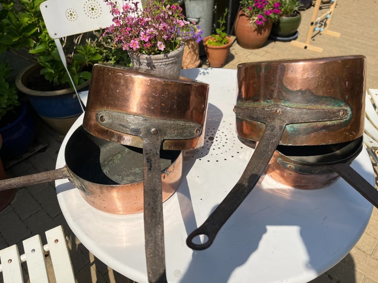 4 Antique French Copper Saucepans with Hand Forged Iron Handles