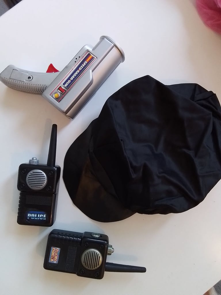 Ladies Sexy Black PVC Halloween Police Zip Up Dress, Cap, Walkie Talkies & Lazor. Size small 16.