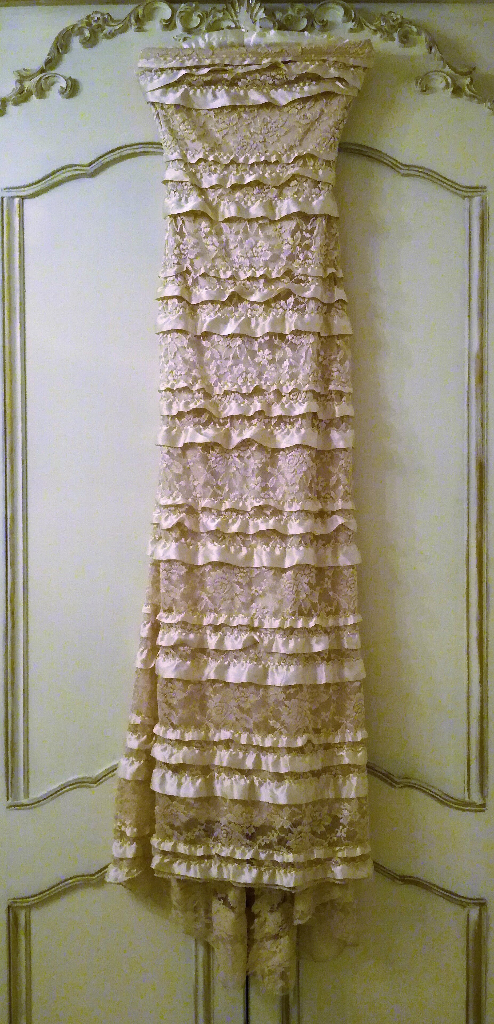 image for NEW JESSICA McCLINTOCK LACE DRESS Embellished Gold Satin Lined Ribbon Strapless Maxi Long Gown PROM