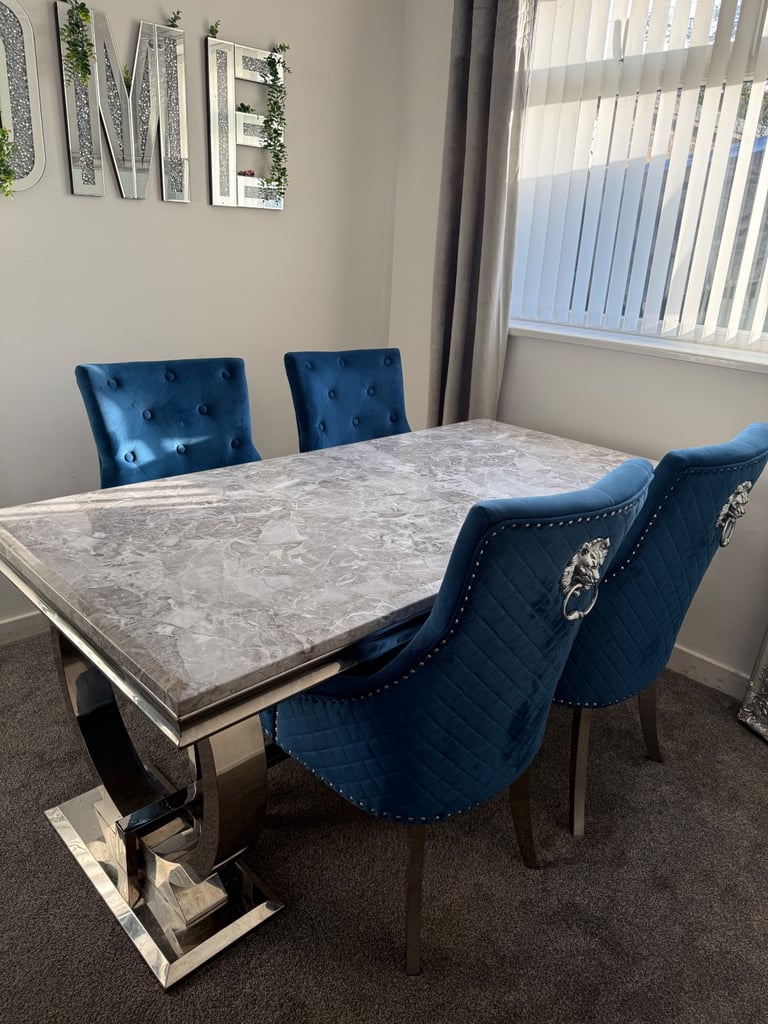 Grey marble table + 6 navy blue chairs