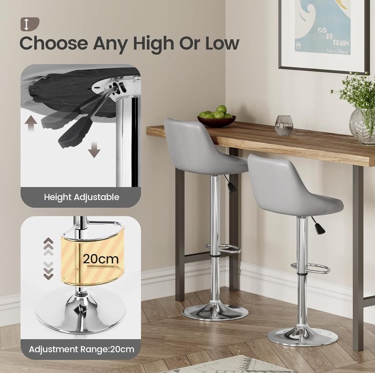 Bar Stools Set of 2, PU Leather Breakfast Kitchen Stool with Adjustable Swivel