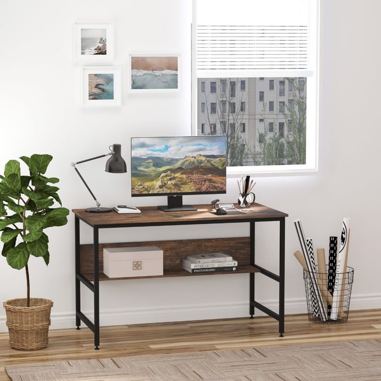 NEW 2-Tier Writing Desk Metal Frame Smooth Shelves Storage Shelf Rustic Brown