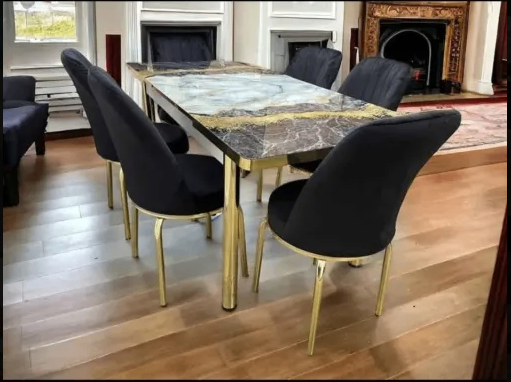 Luxury Marble Dining Table Set with 6 Velvet Chairs – Gold Legs, Modern Design