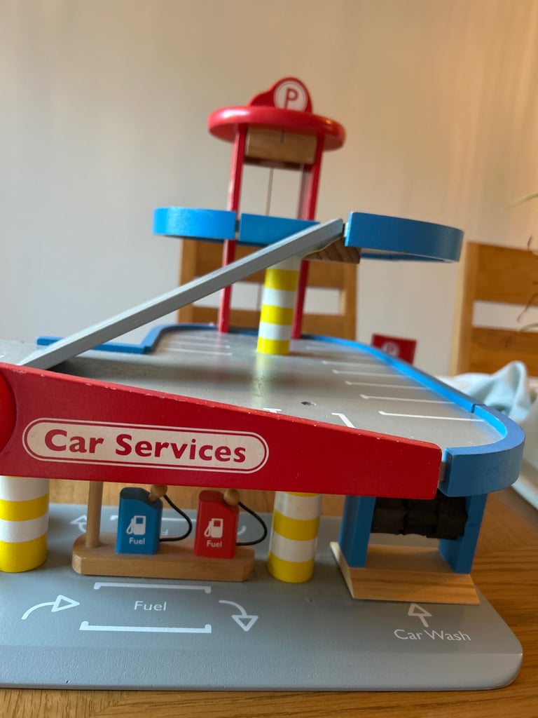 Toy wooden car park used 