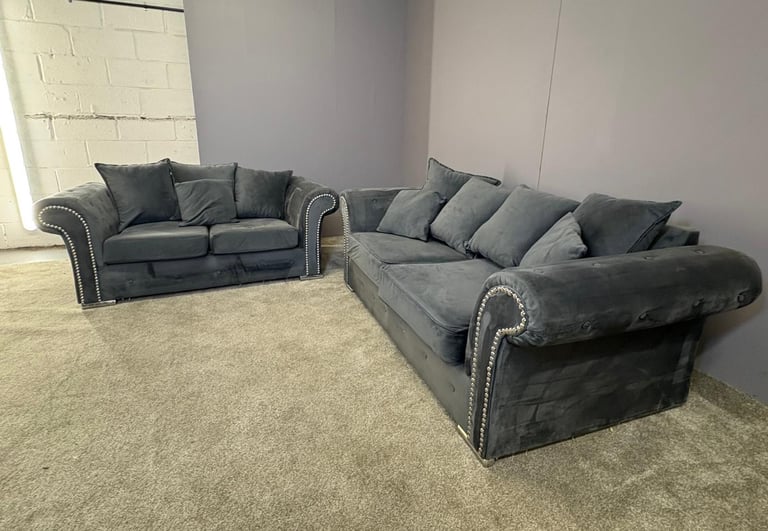 Grey French velvet 3 seater and 2 seater sofa DELIVERY AVAILABLE!