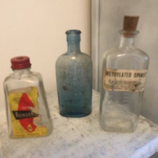 3 x vintage bottles,Ronsonol - Lutherington Chemist & optician Rochdale- Woodwards chemist (Blue)
