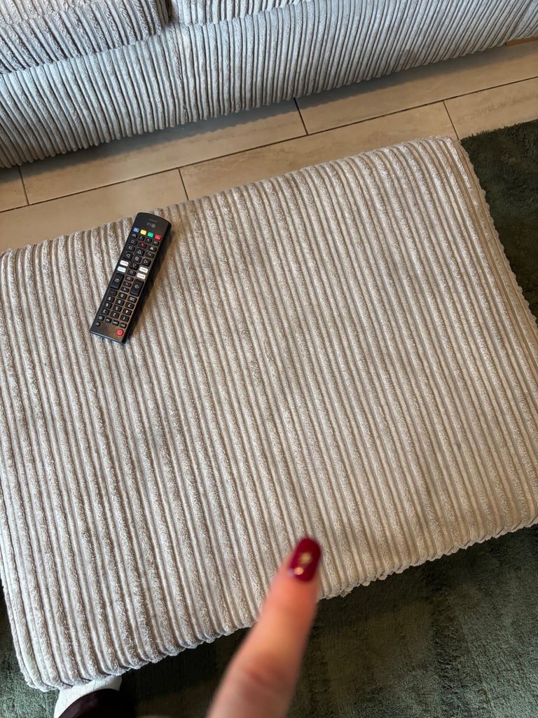 Right-Hand Corner Sofa – Jumbo Cord Beige with Ottoman Footstool and Electric Recliner