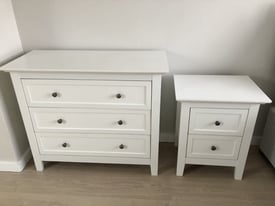 White Chest of 3 Drawers and Bedside Table