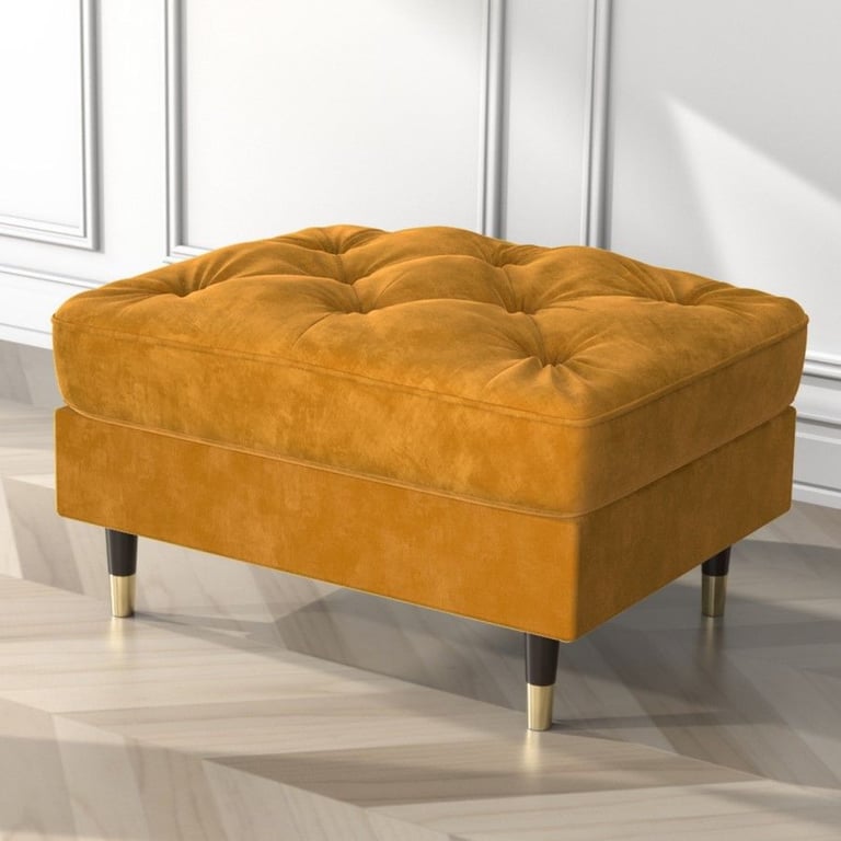 Buttoned Velvet Armchair & Footstool in Mustard - Cole