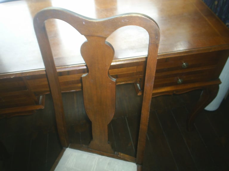 Writing Desk & Chair. Queen Ann Style 5 Drawer Walnut Desk & High Back Padded Chair 