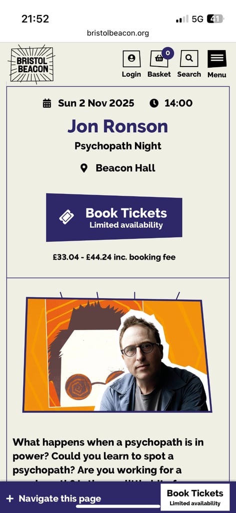 image for Two tickets for Jon Ronson Psychopath Night