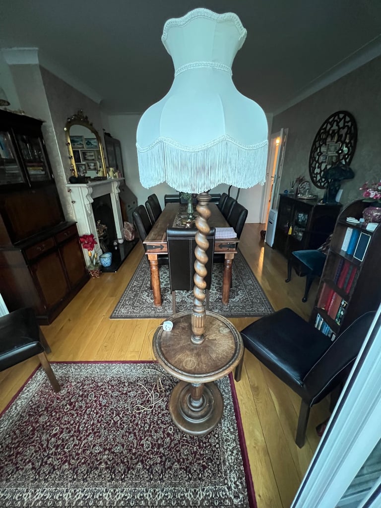 Vintage Wooden floor Lamp with Table & Fabric Fringe Shade