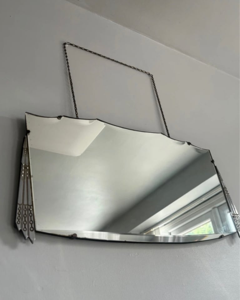 Art Deco Antique Shield Frameless Mirror c. 1930 1920's Original Chain oak back Gothic Bevelled