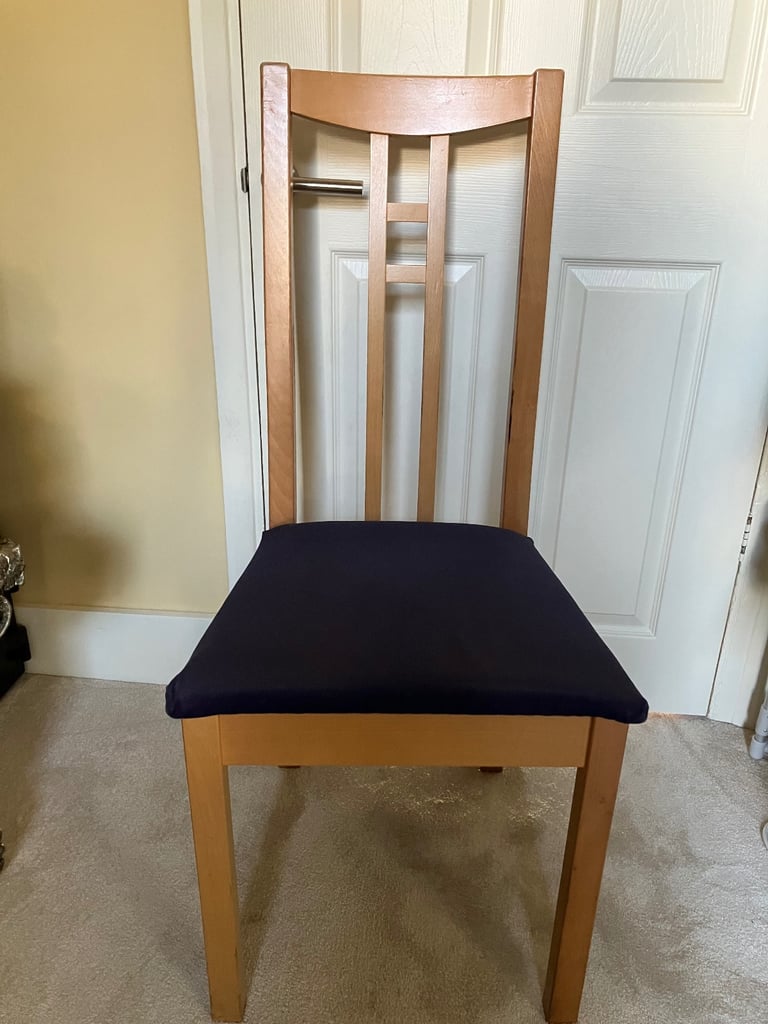 image for Wooden dining chair with blue seat in very good condition