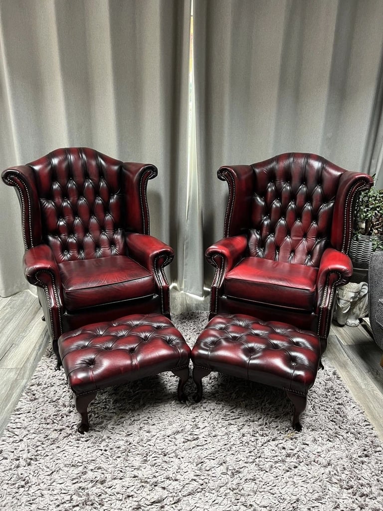 PAIR Oxblood Leather Chesterfield QUEEN ANNE Winged Back Chairs + FootStools