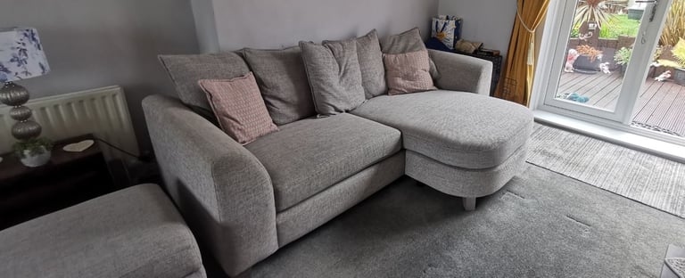 Dfs Grey L Shaped sofa with large sofa chair and pouffee