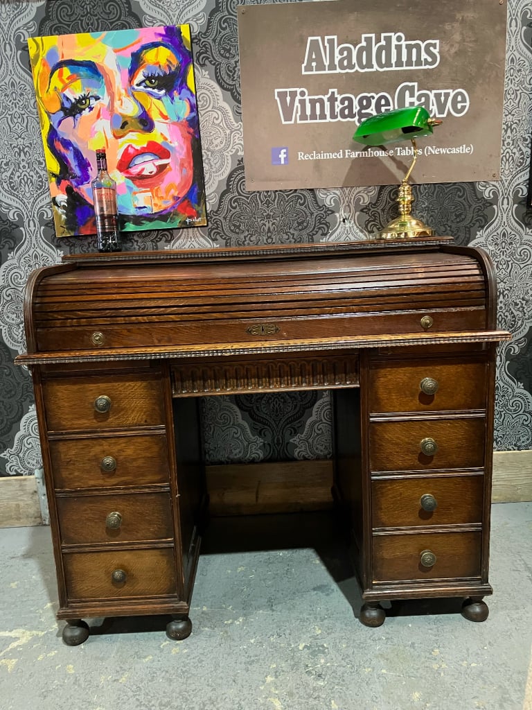 Stunning Vintage Dawson & Swapp Oak Roll Top Tambour Bureau Desk - Delivery