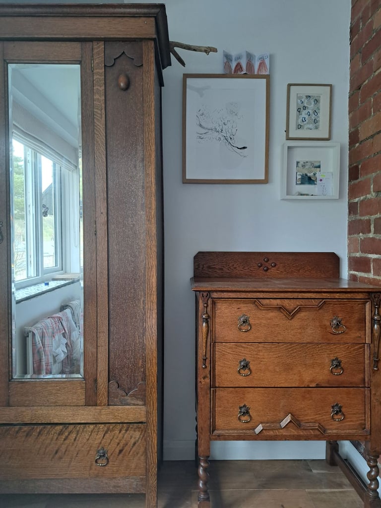 1930s vintage mirrored oak wardrobe and drawers