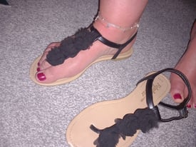Ladies black floral sandals