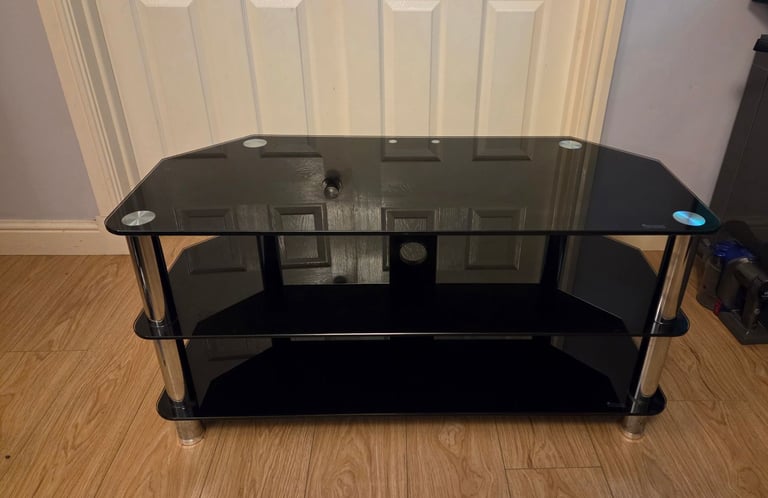 Tempered Glass TV Stand Black and Chrome 105cm Modern Design
