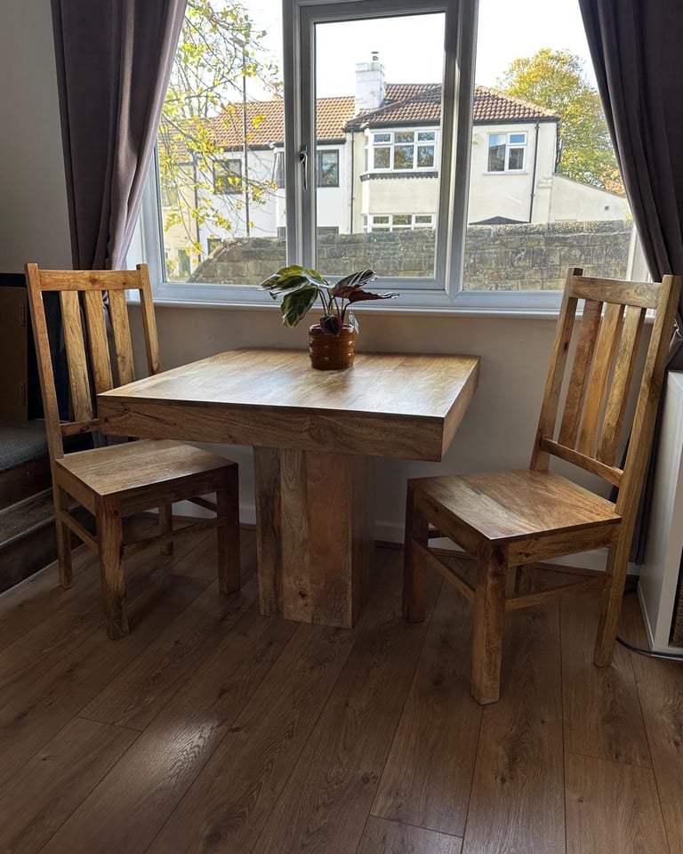 Light mango wood 90cm cube dining table with 2 matching chairs
