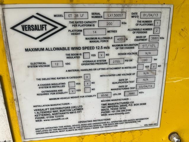 2014 Mercedes Sprinter 513CDi LWB CAZ/ULEZ Versalift Eurotel 38LF 14 Meter hoist