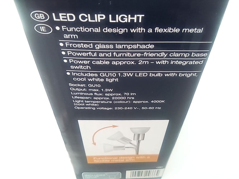 Flexible light, clips onto office desk or work bench.