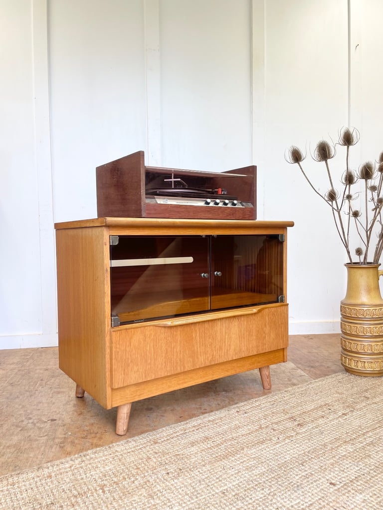 image for Retro teak Sakol television record vinyl cabinet vintage midcentury G Plan era 🚚