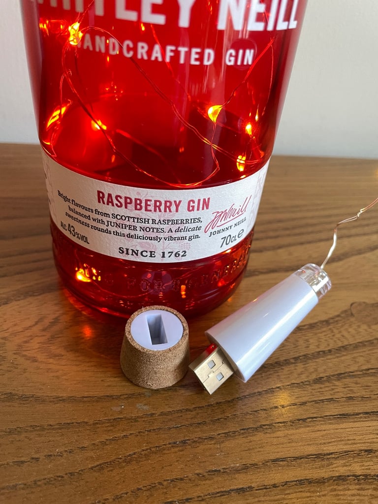 NEW Empty Whitley Neill Coloured Glass Bottle Lamps with USB Re-chargeable Fairy Lights NEW