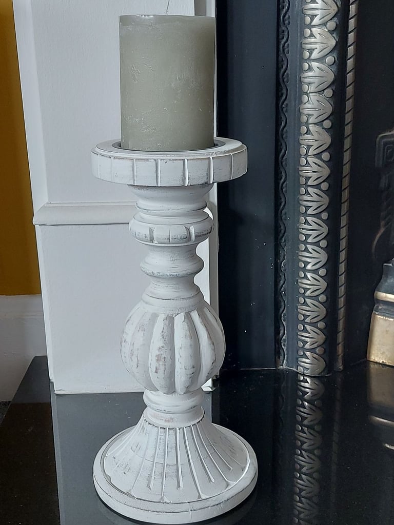 Shabby chic white rustic candle stick holders and candles x two