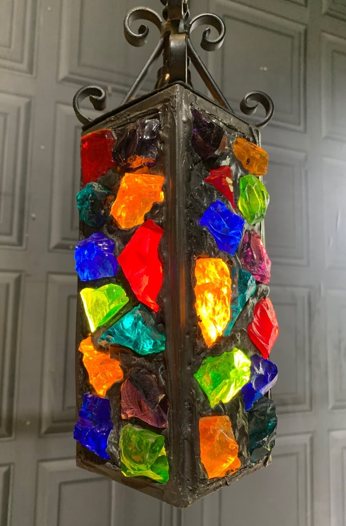 SOLD Pair of Vintage Mid Century Peter Marsh Leaded Rock Glass & Wrought Iron Lantern Lamps 50s 70s