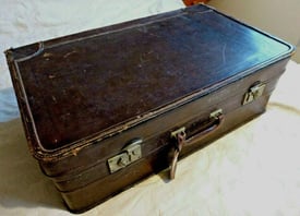 Large Antique Hard Hide Leather Suitcase Lined Original Shanghai Maker