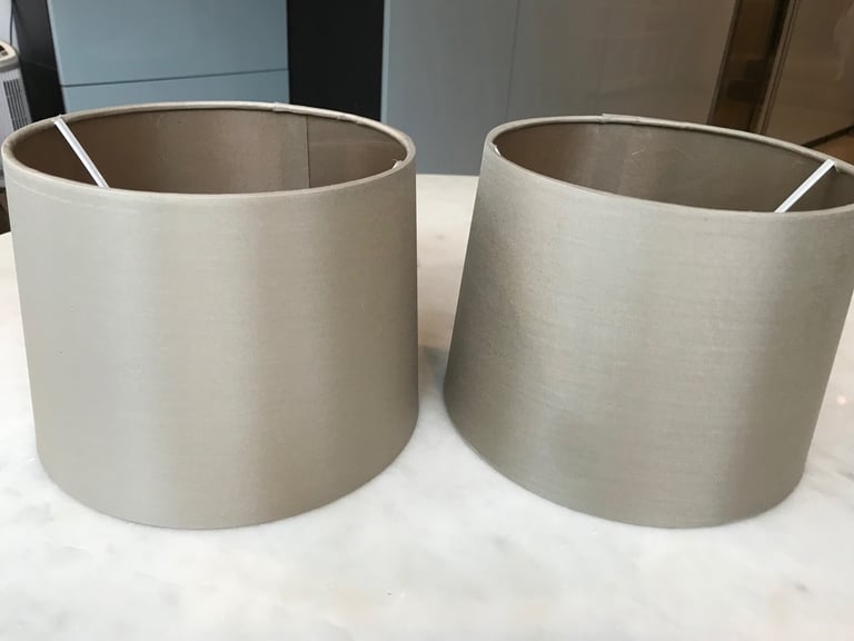 image for Pair of taupe/mushroom silk shades for sconces or small lamps, 18-20cm diam x 14.5cm-high