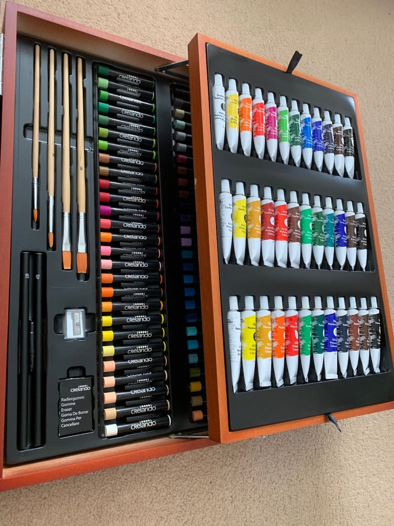 Art media case includes paint, pencils pens and pastels