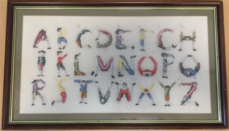 1992 Elsa Williamsburg #29639 Hotch Potch Alphabet Framed Completed Cross Stitch