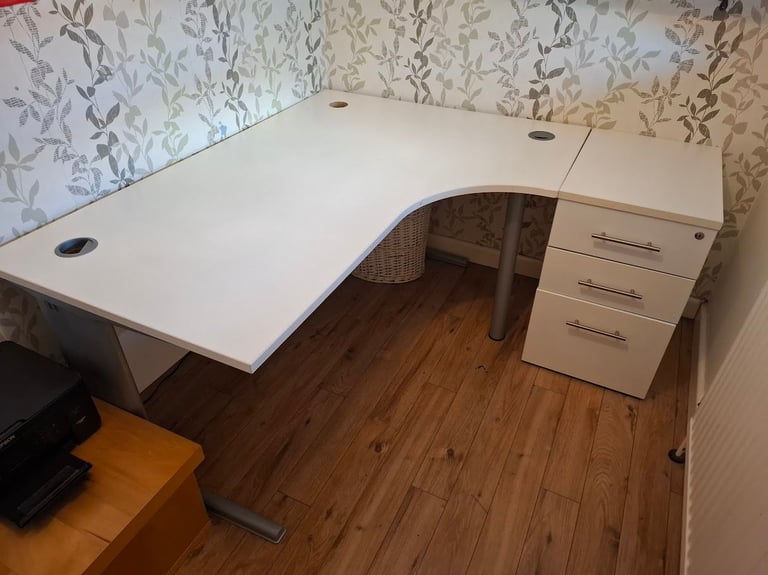 Corner Desk with Filing Cabinet in White