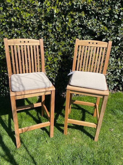 2 x Teak Garden Bar Chairs With Cushions - New