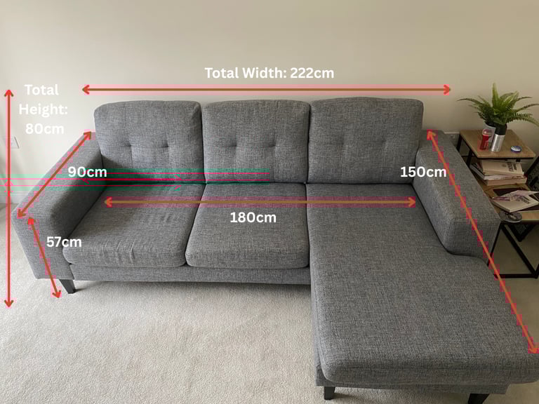 Fabric Grey Chaise Sofa (Left OR Right Hand) - Excellent Condition