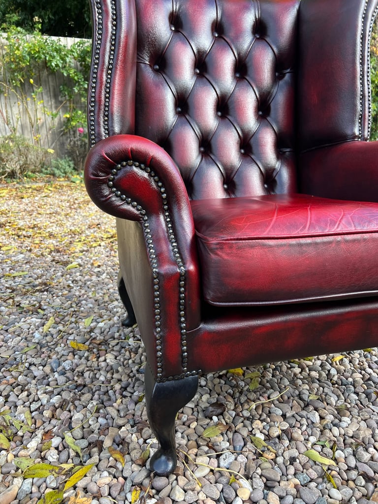 Beautiful Chesterfield Oxblood Leather Queen Anne Chair