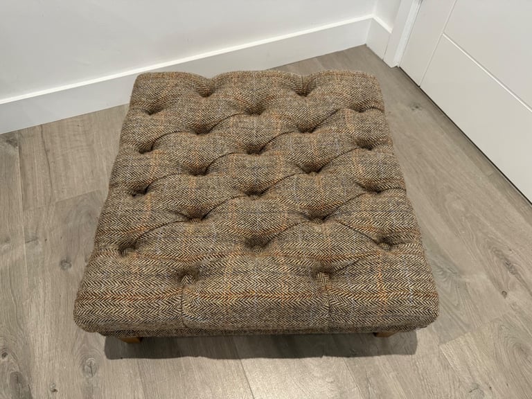 Harris Tweed Fabric Herringbone Buttoned Chesterfield Chair Low Footstool