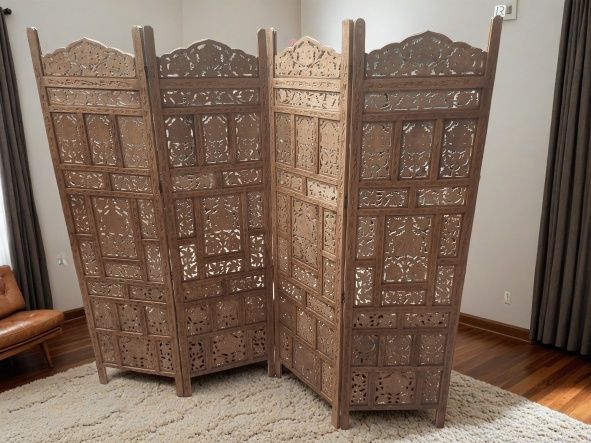 image for Antique Hand Carved Asian Teak Folding Screen Divider 6’ Tall Intricate Flower Design Room Divider