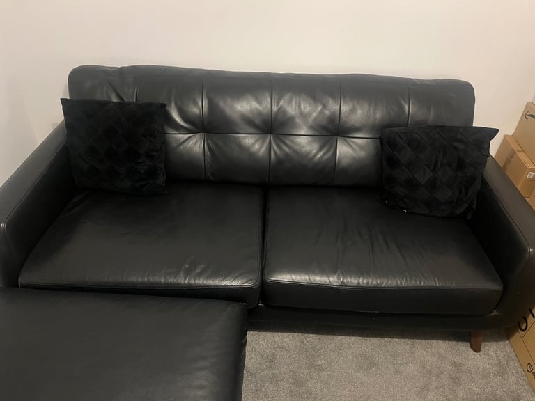 image for Black leather sofa with ikea leather footstool
