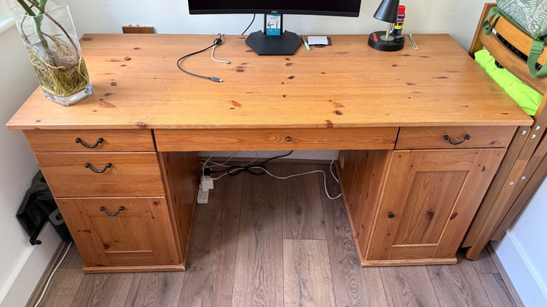 image for IKEA wood desk with drawers and cupboard storage 