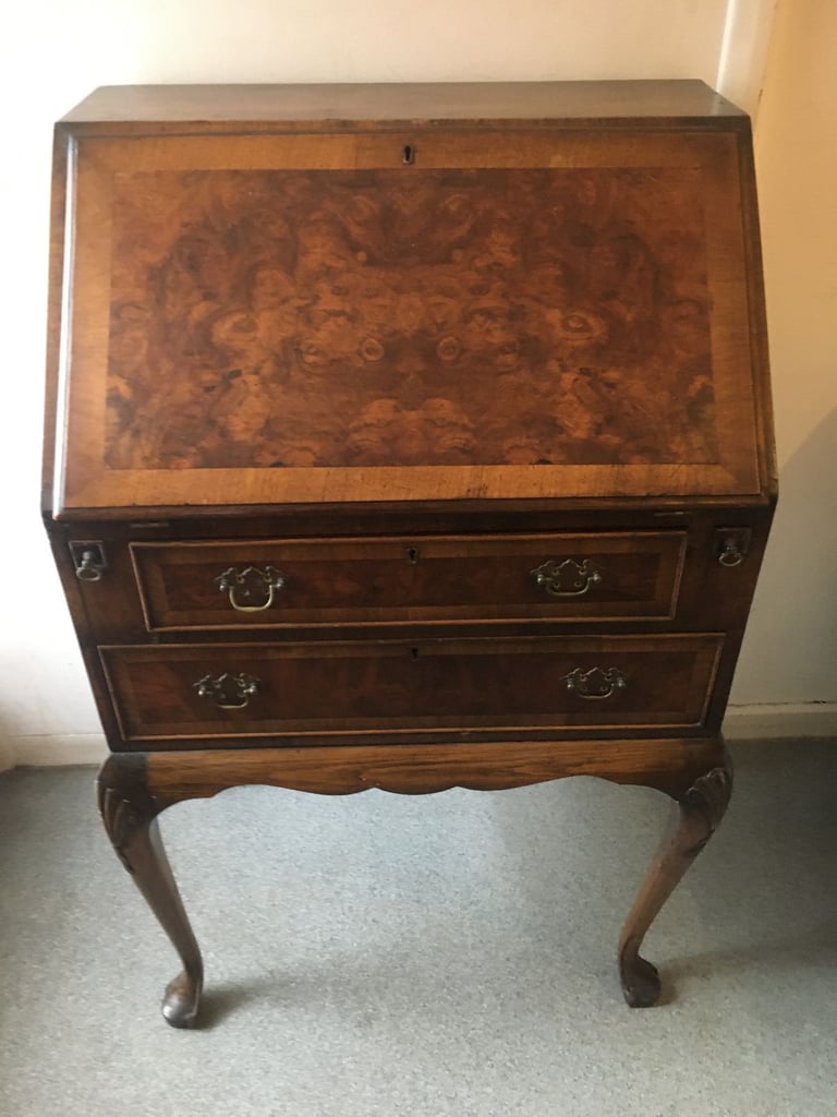 image for Antique Queen Anne Walnut Ladies Writing Bureau 1930's Secretaire 2 Drawers with Cabriole Supports