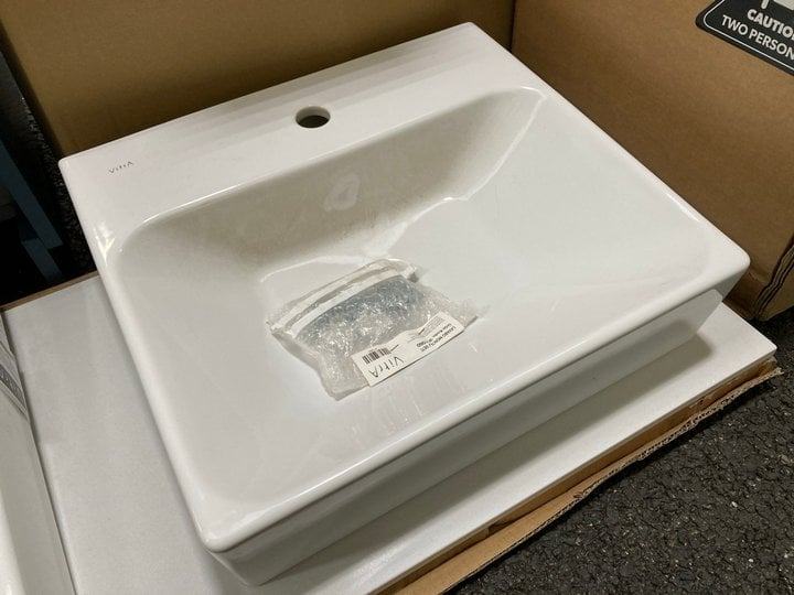 1200 X 470MM WHITE RESIN COUNTERTOP WITH 2 X 1TH VITRA CERAMIC COUNTER TOP BASINS - RRP £595