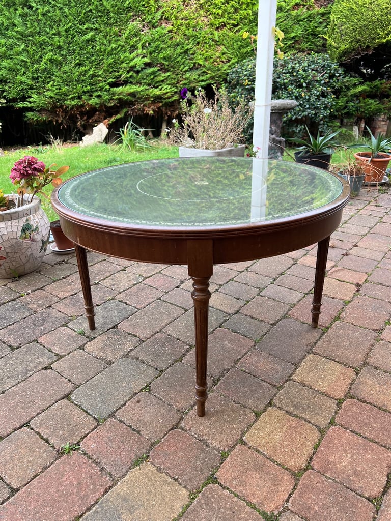 Antique Mahogany Glass Covered Leather Top Table 73cm Diameter x 45cm High