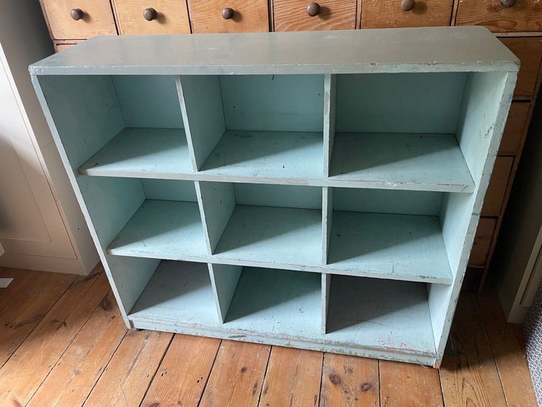 Freestanding wooden shelving unit, blue, 93cm high, 102cm wide, 39cm deep