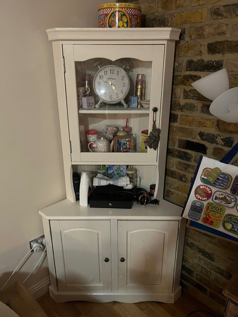 image for Vintage white Corner Display Cabinet with Glass Door & Storage